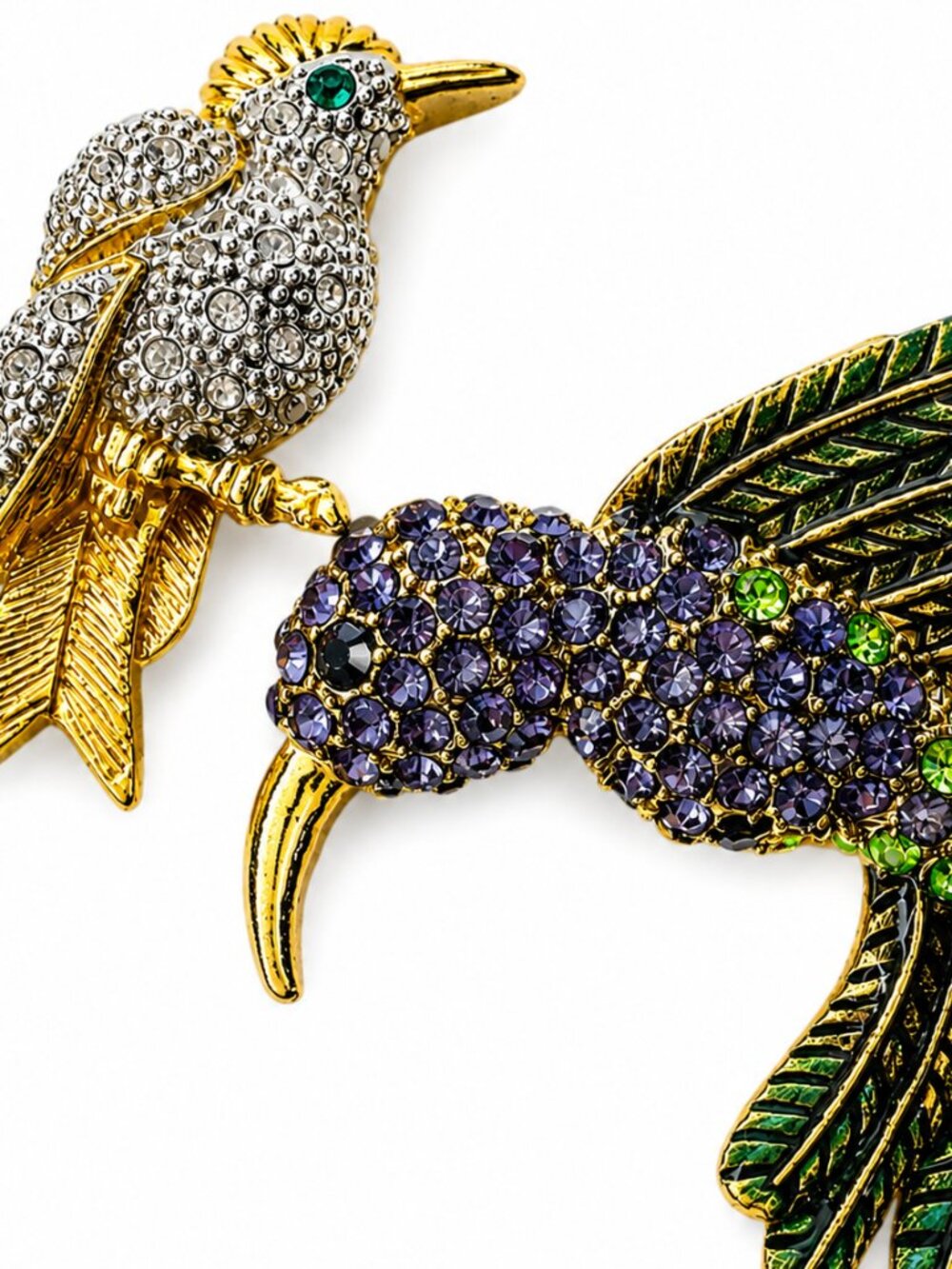 Vintage MCM Rhinestone Bird Brooch Hummingbird Woodpecker Pair Gold Tone